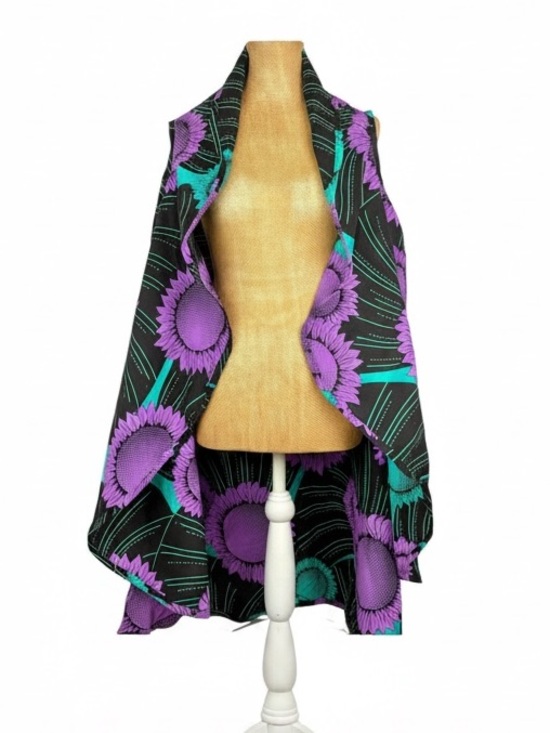Jackets & Blazers - Vintage African Polished Cotton Sunflower Print Open Duster Jacket Purple Black